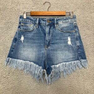 Good American Cut Off Jean Shorts Women 6 / 28 Blue Denim Distressed Boho Fringe
